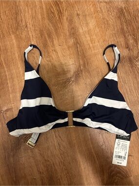 NWT Lauren Ralph Lauren Navy and White Striped Triangle Bikini Top